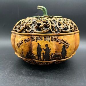Decorative large Pumpkin with carved Thanksgiving Blessings & scrollwork